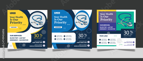 Professional medical healthcare service social media post template design. Clinic or hospital 