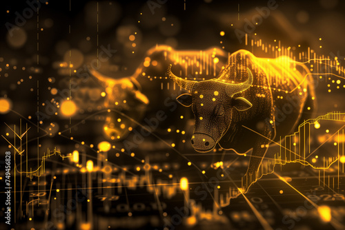 Digital background for business presentations in black and gold tones on the topic of banking trading: bulls surrounded by currency and stock rates, graphs, charts, histograms
