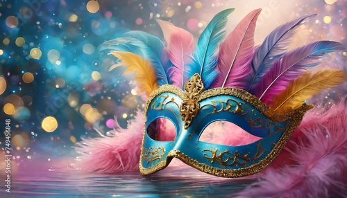 Carnival mask with feathers on a pink and blue background © Ricardo