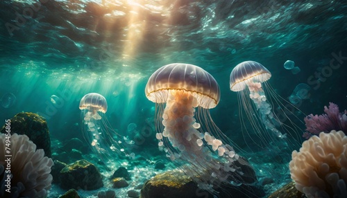Jellyfishes swimming in the ocean, magical ambient light, beautiful rocks at the bottom