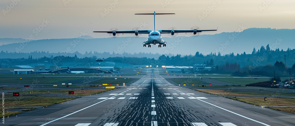 Electric cargo planes take off from a green airport setting new standards in sustainable air transport - obrazy, fototapety, plakaty 