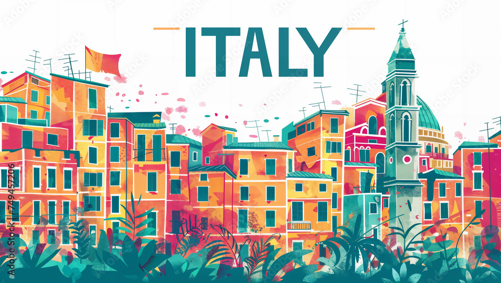 illustrative travel background to Italy featuring a blend iconic Italian architecture, isolated on a white backdrop, accompanied by the text 