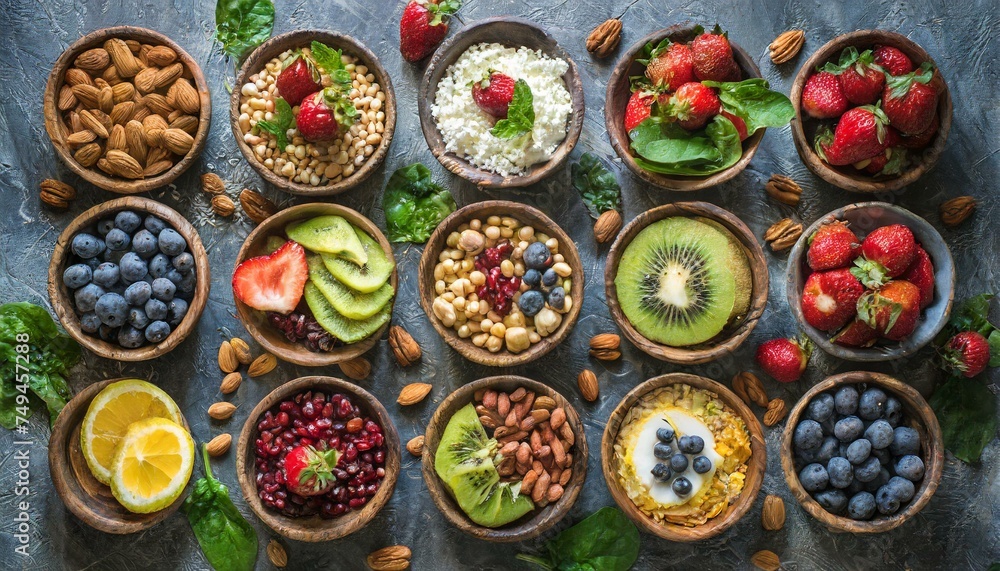 Bowls with healthy food, fruits and dried fruits top view Bowls with healthy food, fruits and dried fruits top view