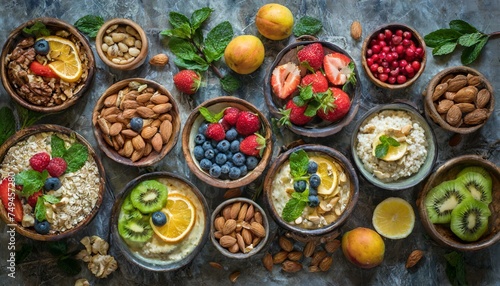 Bowls with healthy food, fruits and dried fruits top view © Ricardo