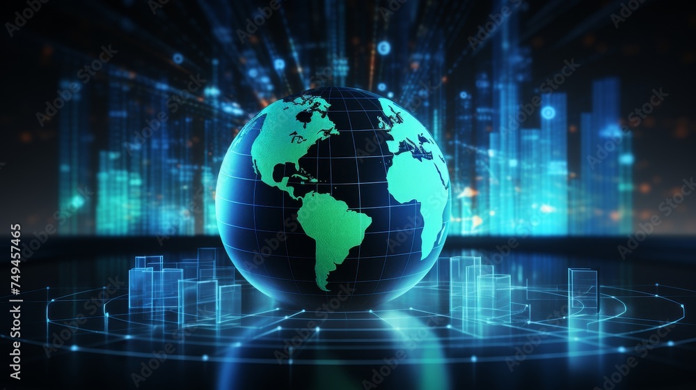 An innovative user interface with a 3D globe map and graphs of business data An innovative user interface with a 3D globe map and graphs of business data