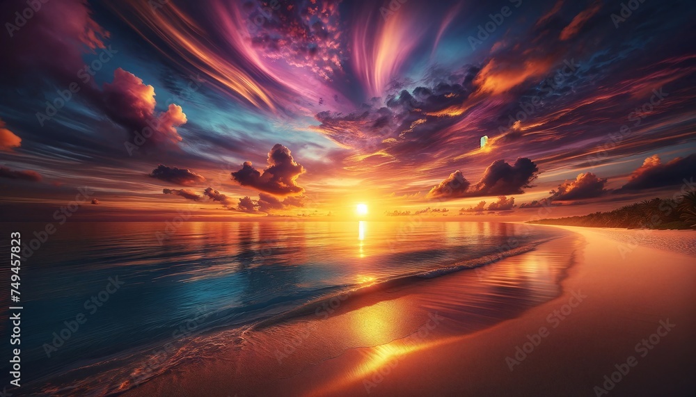  Photography  serene beachscape at dusk where the sun kisses the horizon, painting the sky with colors from shimmering golds to pink wallpaper background landscape