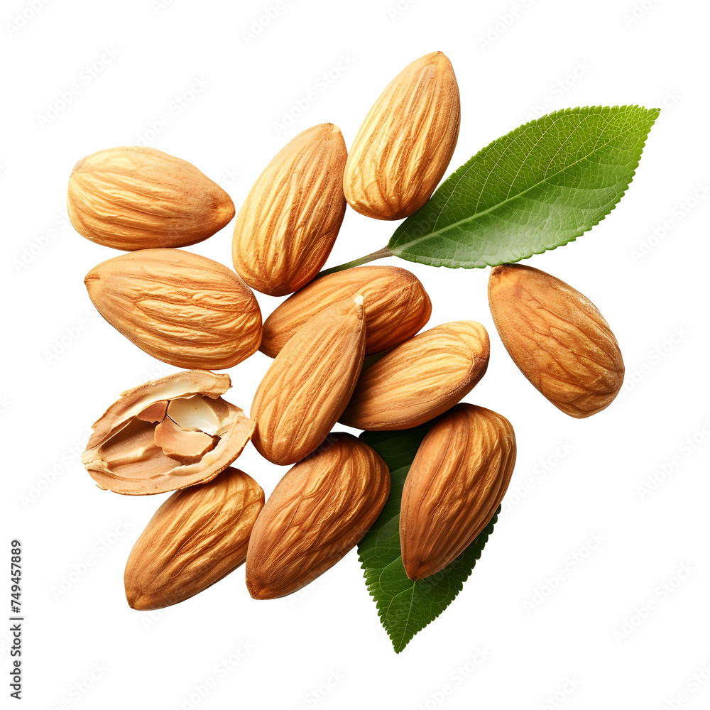 Close-up of almonds with leaves, isolated on white background Close-up of almonds with leaves, isolated on white background