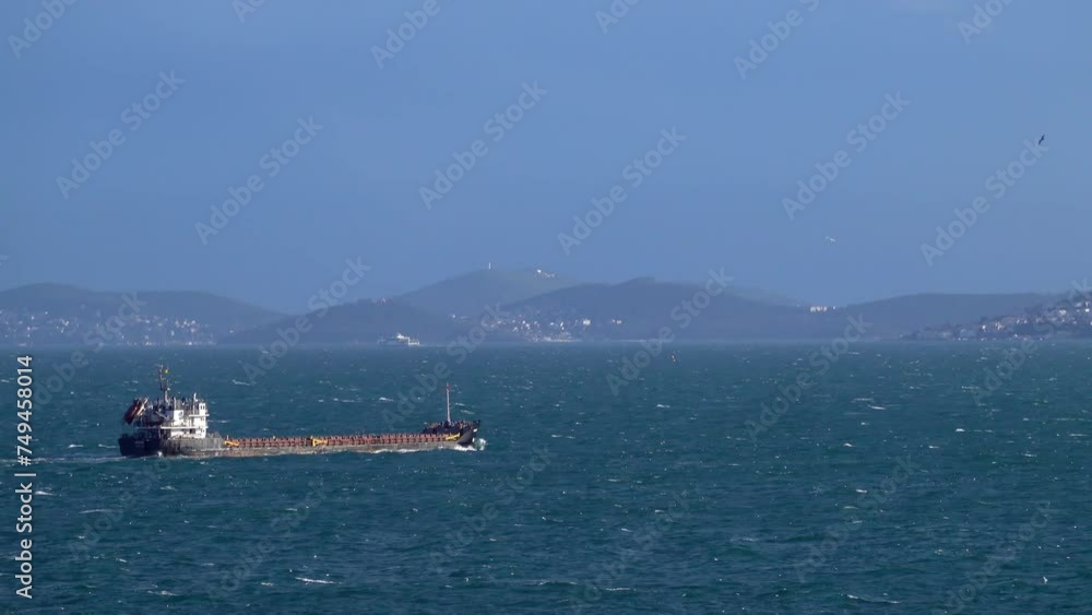 Real time shot of cargo ship floating on rippling blue ocean against mountains with birds flying around in Istanbul Real time shot of cargo ship floating on rippling blue ocean against mountains with birds flying around in Istanbul