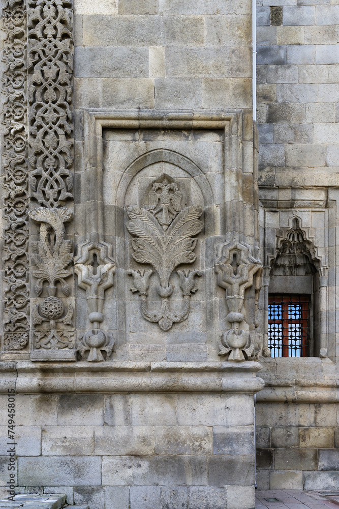 Twin minaret Cifte Minareli Madrasa, Artwork on the facade, Erzurum, Turkey