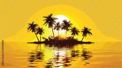 Little island with palm trees and sun on yellow background