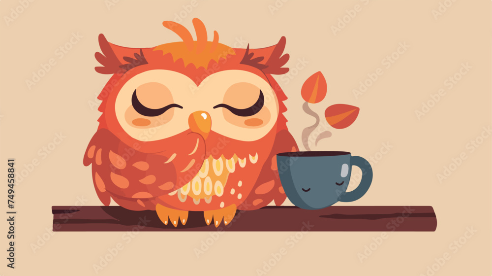 Owl drinking coffee and cant sleep vector flat style - obrazy, fototapety, plakaty 