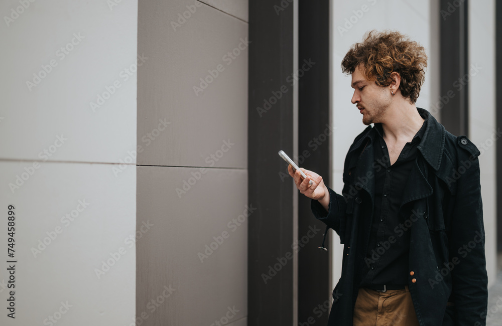 A young entrepreneur engaged with his smart phone during an outdoor business break, dressed in a smart casual attire. A young entrepreneur engaged with his smart phone during an outdoor business break, dressed in a smart casual attire.