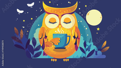 Owl drinking coffee and cant sleep vector flat style