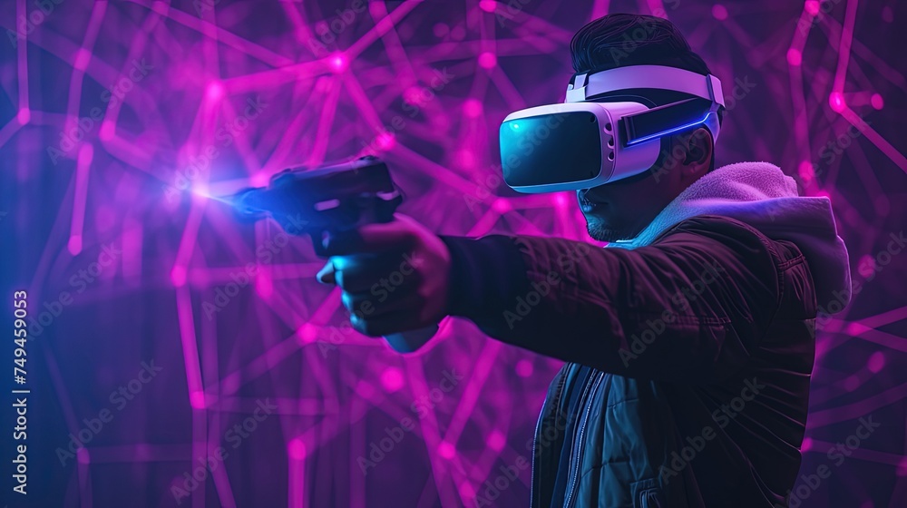Man fight in metaverse, virtual reality glasses and futuristic game, vr gaming in cyber 3d world. Gamer person. Copy space. Man fight in metaverse, virtual reality glasses and futuristic game, vr gaming in cyber 3d world. Gamer person. Copy space.