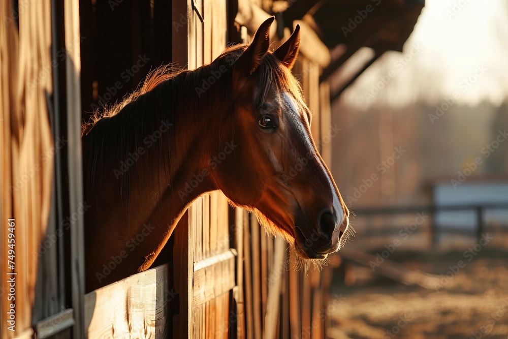 Fototapeta premium Beautiful horse in the paddock. The concept of breeding purebred animals, can be used for materials about equestrian sports, agriculture business and horse farm.
