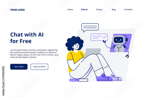 A woman communicates with an AI assistant on a laptop. Chatbot helps in work and study. Vector flat illustration for web page, banner, or promo.