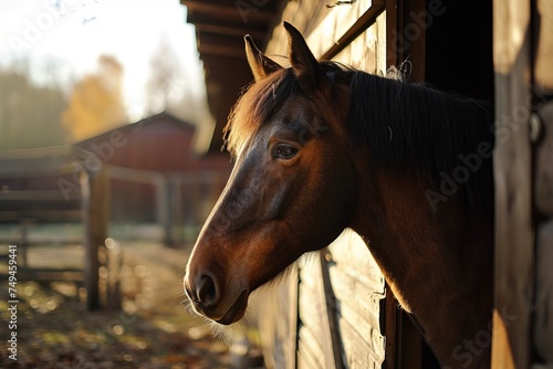 Beautiful horse in the paddock. The concept of breeding purebred animals, can be used for materials about equestrian sports, agriculture business and horse farm.  © Tatiana