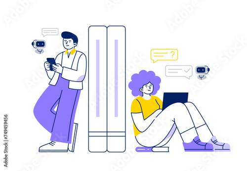 A man and woman chat with an AI assistant online. Chatbot helps in work and study. Vector flat illustration isolated on a white background.