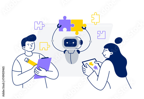 A man and woman interact with chatbot. Robot helps to find solutions, answers, and ideas. Vector flat illustration isolated on a white background.