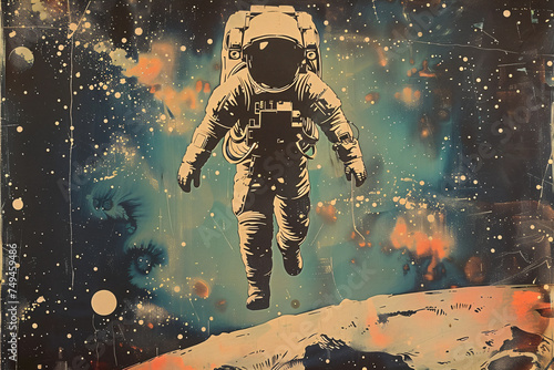 Astronaut floating over the moon's surface with cosmic nebula. Vintage print style illustration for space exploration and adventure concept design for posters, wallpaper, and sci-fi themed decor photo