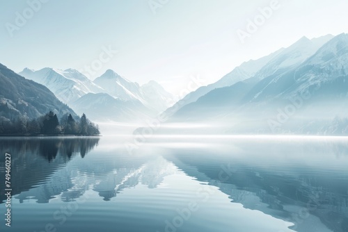A magnificent landscape of mountains, trees and sky reflected in a clear mountain lake. The concept for the development of tourism, mountaineering, skiing, rock climbing, excursions in the mountains. 