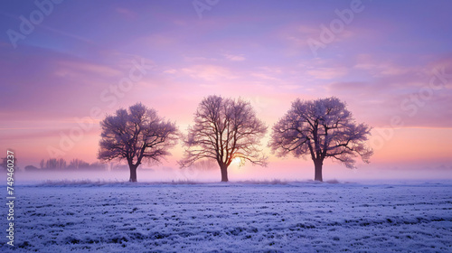 Three trees in a winter field. Frosty dawn.