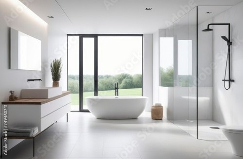 modern white bathroom interior with countertop basin  mirror and shower