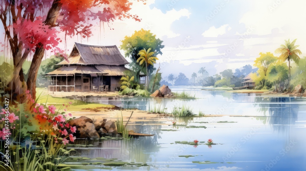 Watercolor painting hut river pixelart Thai