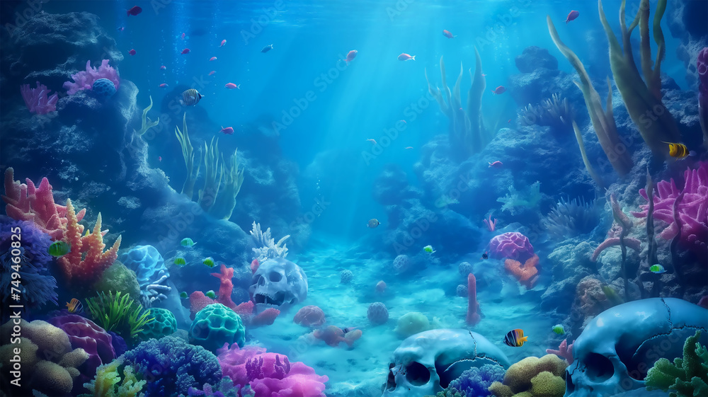 Naklejka premium Skulls on the underwater with the colorful, Illustration