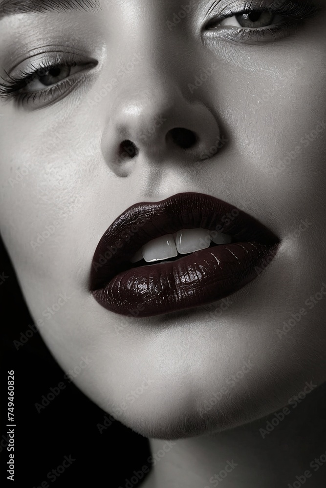 Obraz premium An alluringly intimate portrait of a woman's elegant features on black-and-white photograph. Her lips, painted a deep crimson, exude sensuality and mystery
