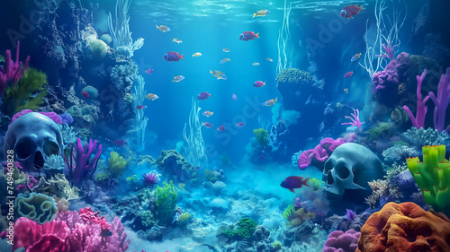 Skulls on the underwater with the colorful  Illustration