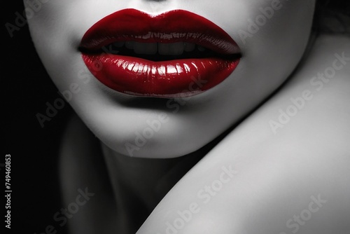 An alluringly intimate portrait of a woman s elegant features on black-and-white photograph. Her lips  painted a deep crimson  exude sensuality and mystery