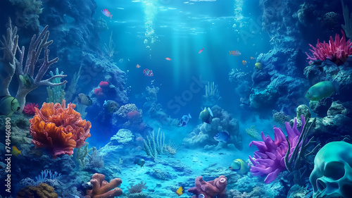 Skulls on the underwater with the colorful, Illustration