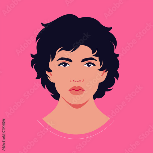 Portrait of a young curly-haired man. Avatar of a guy. A student. Vector flat illustration
