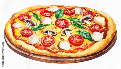 Watercolor illustration of pizza with cheese, sausage, tomatoes and mushrooms. Tasty fast food.
