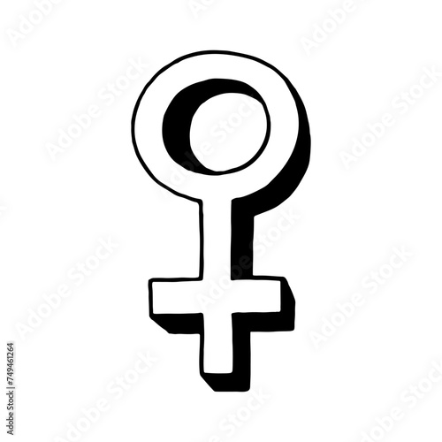 Female gender sign. Feminism. Hand drawing doodle. Outline. Isolated element. Vector illustration can be used for card, poster, banner, advertising.