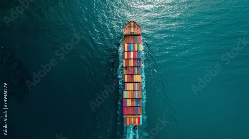 Top-down aerial shot of a large container ship filled with colorful containers traveling through blue ocean waters. © Victoriia