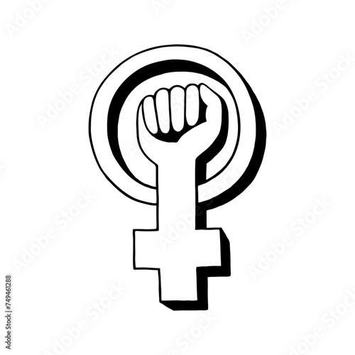 Women's resistance the symbol. Woman fist. Hand drawing outline doodles.  Isolated element on a white background. Stock vector illustration.
