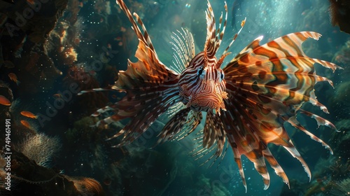 Among the rocky crevices of a sun-drenched underwater landscape, an ethereal lionfish mesmerizes with its spectacular fins, showcasing its beauty in a breathtaking display. © HappyFarmDesign