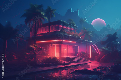 Modern house in 80s retro style in the forest, Purple neon theme