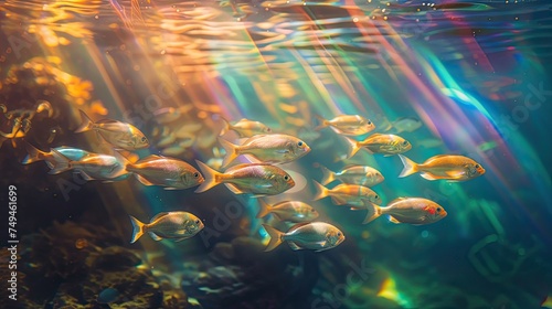 A tranquil school of fish basks in the golden rays of sunlight that pierce the crystal clear waters above a coral reef. © HappyFarmDesign