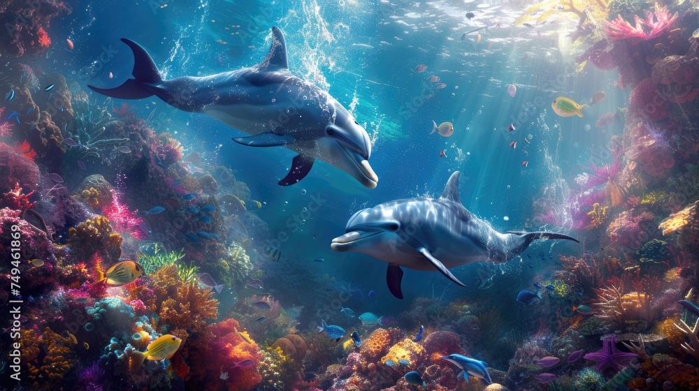 Fototapeta premium Amongst a kaleidoscope of tropical fish, joyful dolphins swim, infusing vibrant life into the colorful and bustling coral reef ecosystem.
