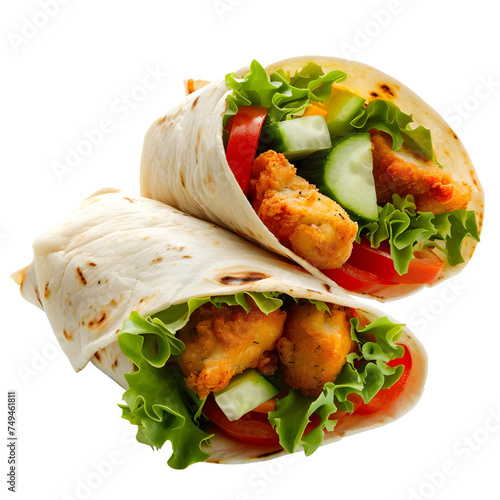 Tortilla wrap with fried chicken meat and vegetables isolated on Transparent Background. Ai generated PNG close up