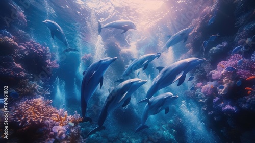 Infusing vibrant energy into the bustling coral reef ecosystem, joyful dolphins gracefully navigate through a kaleidoscope of tropical fish, adding joy and vitality to the underwater scene.
