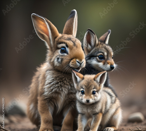 Three rabbits in a stream the background 