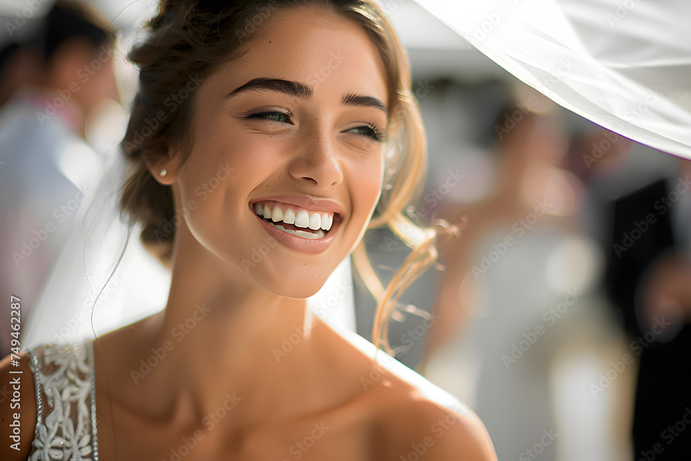 A candid photo of a young bride at her summer wedding, expressing genuine emotion. Her face radiates happiness and gratitude, capturing an authentic moment A candid photo of a young bride at her summer wedding, expressing genuine emotion. Her face radiates happiness and gratitude, capturing an authentic moment