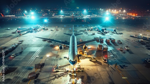 An aerial view of a commercial airplane parked at the bustling airport terminal at night, with cargo being loaded.