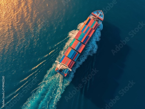 An overhead shot captures a cargo ship navigating the turquoise seas, a testament to the enduring spirit of trade.