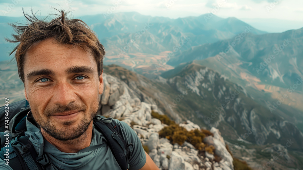 Portrait of a handsome man hiking selfie on top of a mountain, looking at the camera and smiling with blue eyes in the mountains landscape background. Traveling concept