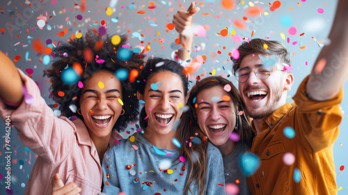 A group of friends are celebrating and smiling while taking selfies, with confetti flying around them against a grey background